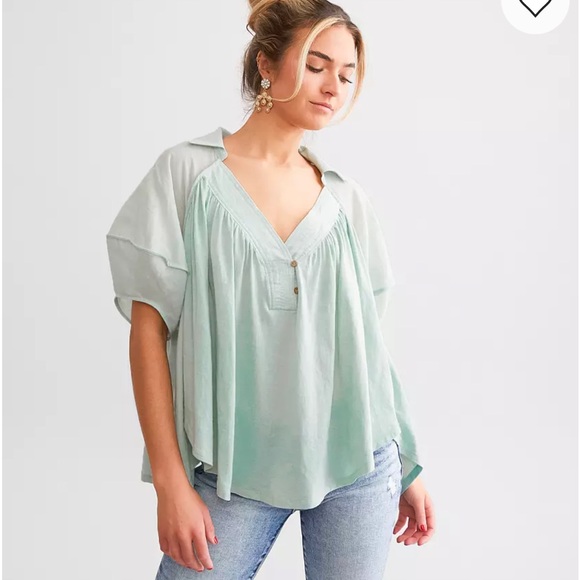 Free People Tops - Free People Sunray Babydoll Top Oversized Mint Green Size XS Boho Beachy
